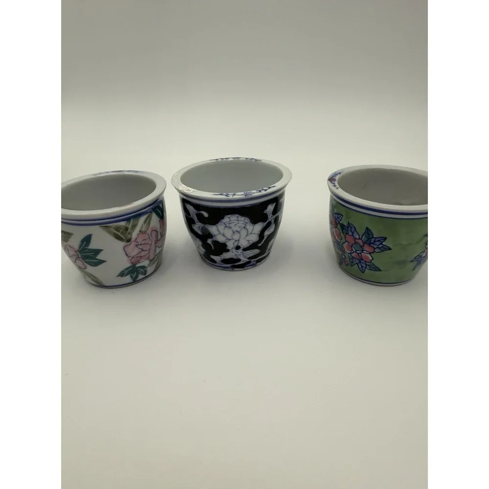 Vintage Trio‎ of Mini Chinoiserie Porcelain Planter Floral 3